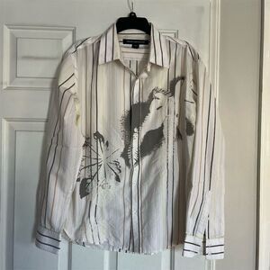 French Connection Men's 2XL White Striped Long Sleeve Button-Up Shirt